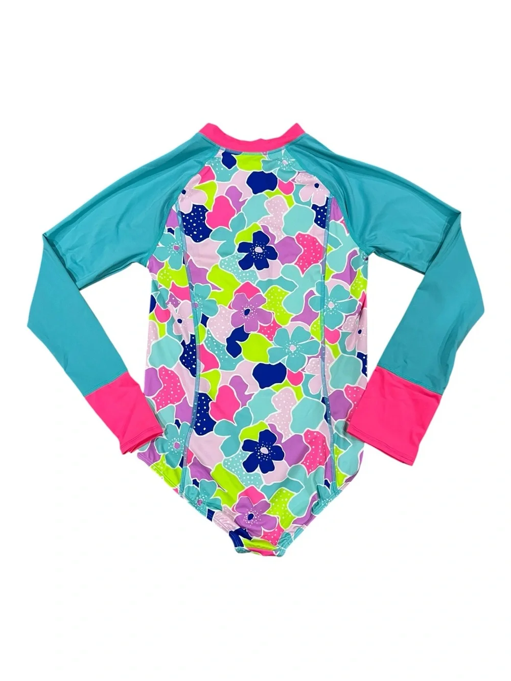 Lands' End 16Y Teal & Pink Floral Long-Sleeve Rash Guard Swimsuit
